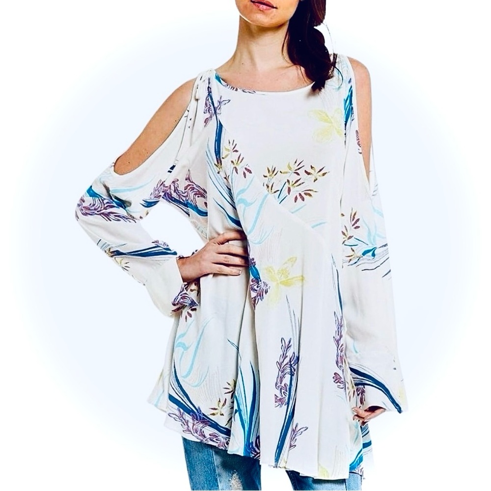 FREE PEOPLE Floral Cold Shoulder Tunic Top or Mini Dress, Ivory/Multi Small NWOT